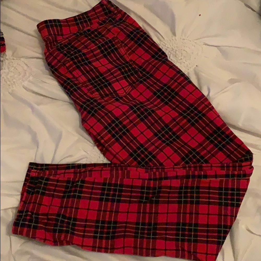 Red & black plaid straight leg jeans.